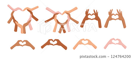 Flat set of heart gestures by diverse hands. Multicultural hand shapes forming heart symbols express love, solidarity, and allyship. Suitable for posters with themes of community or equality, vibrant Flat set of heart gestures by diverse hands. Multicultural hand shapes forming heart symbols express love, solidarity, and allyship. Suitable for posters with themes of community or equality, vibrant 124764200