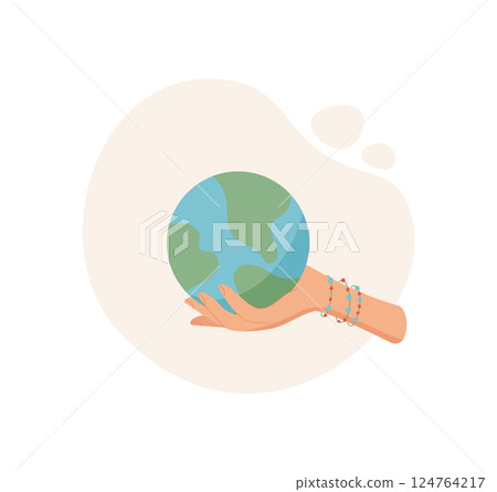 Hand holding globe. A hand gives the world symbol. Earth representation, flat design, suitable for charity and donation themes. 124764217