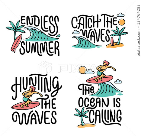 Collection of written phrases, slogans or quotes with beach elements 124764282