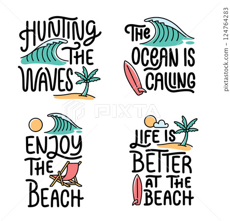 Collection of written phrases, slogans or quotes with beach elements Collection of written phrases, slogans or quotes with beach elements 124764283