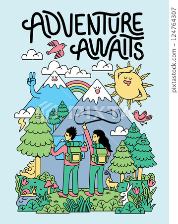 adventure to the mountains cute illustration 124764307