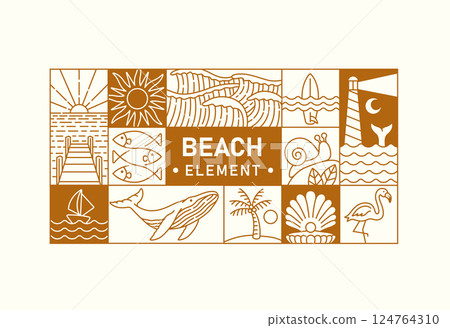 line art of beach elements collection 124764310