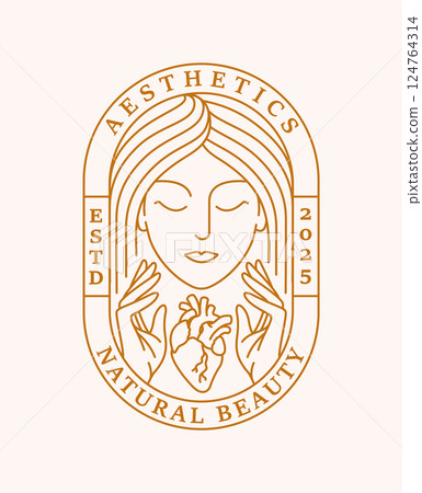 beautiful woman and heart line art with oval badge 124764314