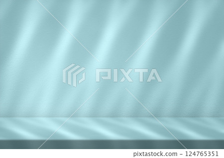 Minimal Empty Table with Light Beam and Shadow on Light Shade of Cyan Wall Minimal Empty Table with Light Beam and Shadow on Light Shade of Cyan Wall 124765351