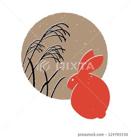 Print-style full moon and rabbit, silhouette of silver grass Print-style full moon and rabbit, silhouette of silver grass 124765538