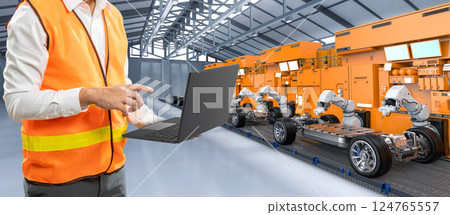 Asian engineer or technician work with ev car manufacturing Asian engineer or technician work with ev car manufacturing 124765557