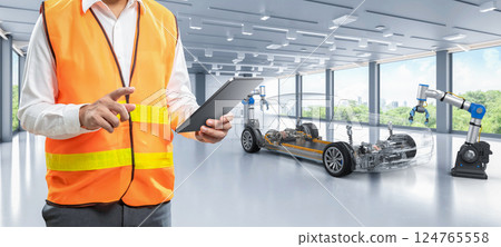 Asian engineer or technician work with ev car manufacturing 124765558
