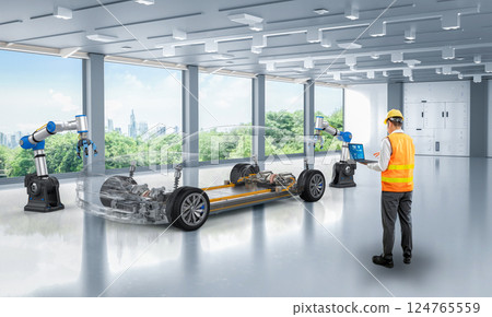 Asian engineer or technician work with ev car manufacturing Asian engineer or technician work with ev car manufacturing 124765559
