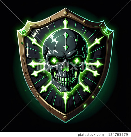 Dark green skull emblem on shield with glowing eyes and sharp accents on black background, evoking a sense of mystery and danger in a bold, graphic illustration style. 124765579
