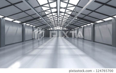 Interior empty factory with pendant lamps 124765700