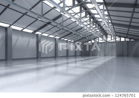 Interior empty factory with pendant lamps 124765701