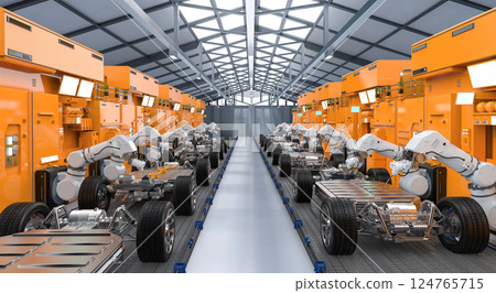 Automation automobile factory with robot assembly line manufacture ev car Automation automobile factory with robot assembly line manufacture ev car 124765715