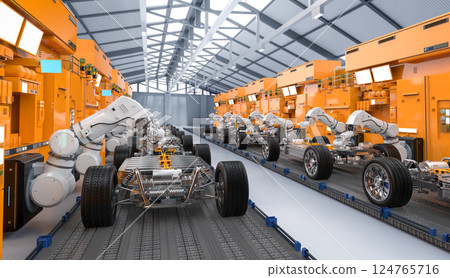 Automation automobile factory with robot assembly line manufacture ev car Automation automobile factory with robot assembly line manufacture ev car 124765716