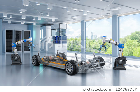 Ev car for green environment concept with 3d rendering robotic arms manufacture ev car with greenery background Ev car for green environment concept with 3d rendering robotic arms manufacture ev car with greenery background 124765717