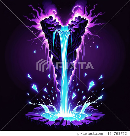 Majestic waterfall cascading down a mystical rocky structure surrounded by glowing crystals emitting vibrant purple and blue light in a dark, enchanting environment. 124765752