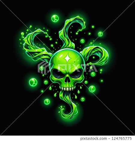 Glowing green skull with swirling toxic smoke and vibrant energy orbs on a black background, creating a striking and ominous visual representation of danger and mystery. 124765775