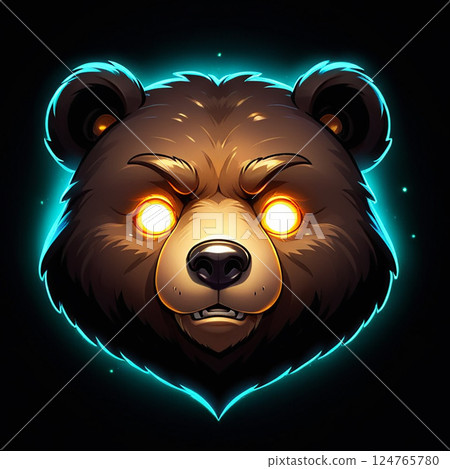 Menacing bear head illustration with glowing eyes set on a dark, mystical background surrounded by a soft blue aura emanating from the edges of the image. 124765780