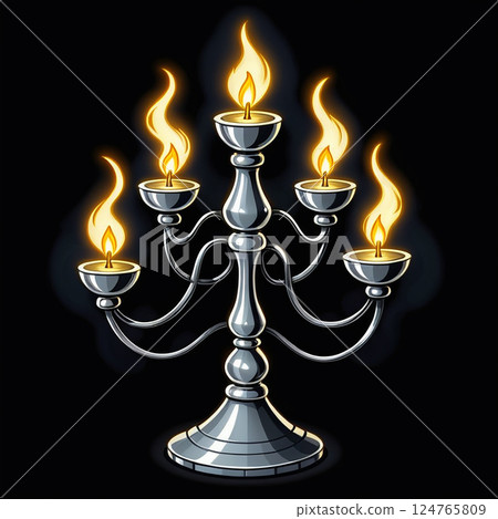 Illuminated silver candelabrum with flames flickering from five candle holders, set against a dark background creating a dramatic contrast and emphasizing the glow. Illuminated silver candelabrum with flames flickering from five candle holders, set against a dark background creating a dramatic contrast and emphasizing the glow. 124765809