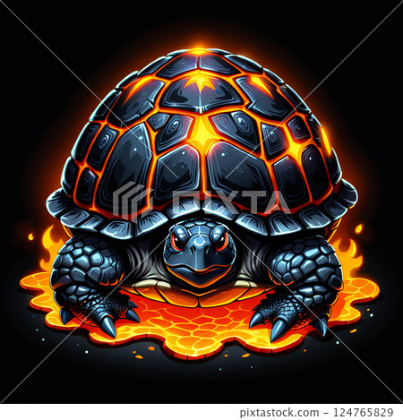 Fiery turtle resting on molten lava background with intricate details and vibrant colors, emphasizing the contrast between the black shell and the glowing lava underneath. 124765829