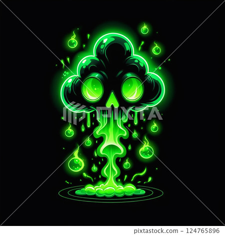 Radiant green toxic cloud emitting vibrant glows surrounded by eerie floating orbs, creating an unsettling yet captivating visual effect in a dark atmosphere. 124765896