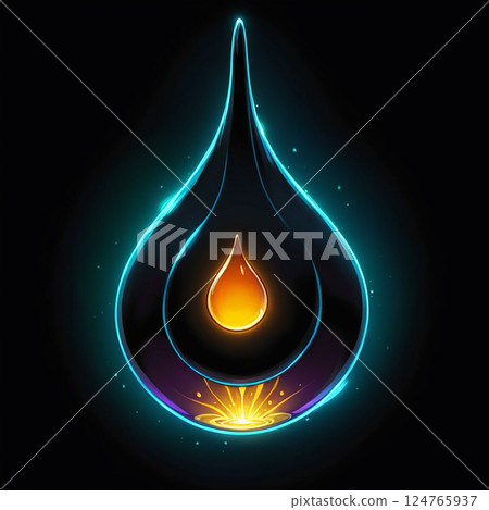 Glowing droplet-shaped design with bright orange center against dark background, emitting radiant light effects in a mystical and artistic style. 124765937