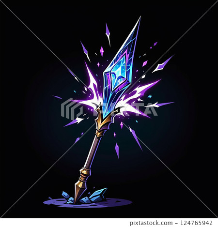 Glowing mystical spear emanating energy against a dark background with vibrant shards of light radiating from the weapon creating a captivating fantasy effect. 124765942