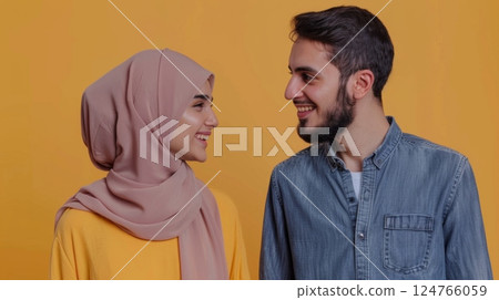 A couple young female and man feel happy together romantic communication isolated blue background 124766059