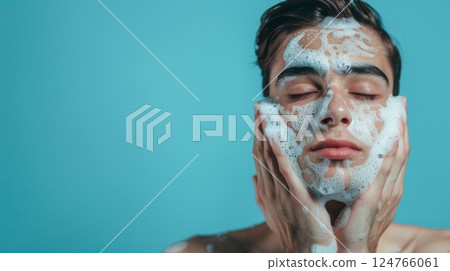 Young man face cleansing with facial wash foam natural ingredient for healthy skin 124766061