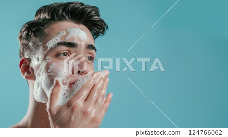Young man face cleansing with facial wash foam natural ingredient for healthy skin 124766062