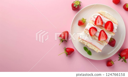 Ice cream strawberry shortcake dessert on white plate copy space pink isolated Ice cream strawberry shortcake dessert on white plate copy space pink isolated 124766158