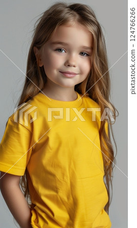 Little girl wearing yellow blank green t shirt mockup for print image portrait isolated 124766266