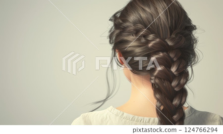 Young woman long black hair braided, beauty hair style, back of view isolated background Young woman long black hair braided, beauty hair style, back of view isolated background 124766294