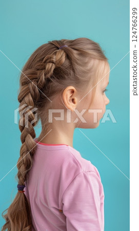 Little girl long blonde hair braided, beauty hair style, side of view isolated background 124766299