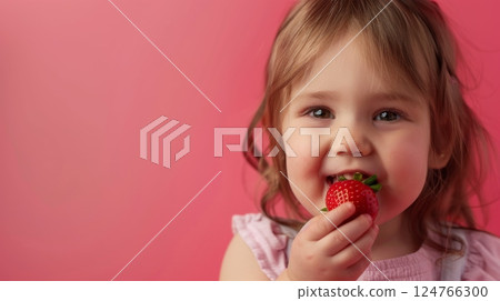 Little girl eating strawberry fresh fruit for healthy skin lifestyle isolated pink 124766300