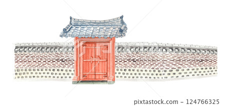 Asian style gate with stone walls, watercolor illustration. Hand drawn design element perfect for cards, landscape design, border, stickers, banners, wallpaper. Traditional architecture. Tiled roof 124766325