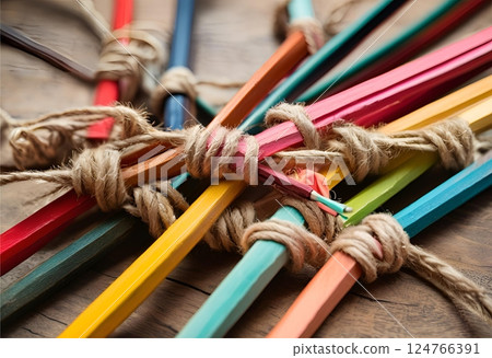 Colorful natural rope ties pencil-shaped logs, symbolizing strong interconnectedness.AI Generated 124766391