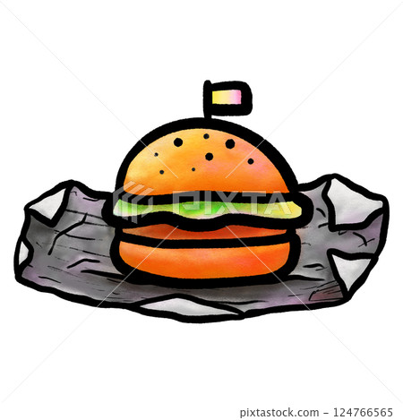 Cartoon hamburger on crumpled paper, bold black outline color doodle illustration Cartoon hamburger on crumpled paper, bold black outline color doodle illustration 124766565