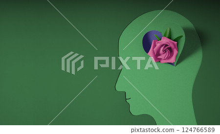Mental Health Awareness Month Concept. Self Care, Positive Thinking, Happy and Optimistic Mind. Paper cut as a Head with a Rose Flowers on Brain Mental Health Awareness Month Concept. Self Care, Positive Thinking, Happy and Optimistic Mind. Paper cut as a Head with a Rose Flowers on Brain 124766589