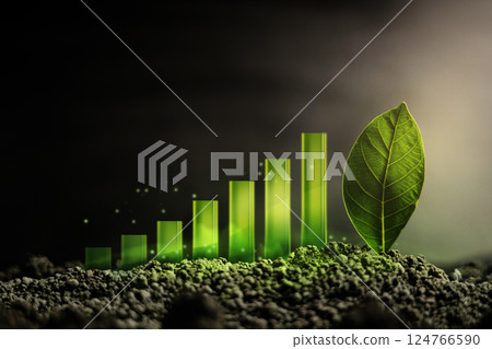 Sustainable Business. Green Energy, Renewable in Environmental Concept. a Green Bar Chart Glowth on Dark Soil and a Green Leaf as a Goal Sustainable Business. Green Energy, Renewable in Environmental Concept. a Green Bar Chart Glowth on Dark Soil and a Green Leaf as a Goal 124766590