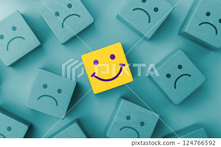 Mind, Mental Health Concept. Varieties of Mood and Emotion. a Unique Smiling Cube that Stand Out among Crowd 124766592