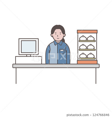 便利商店女店員站在收銀台的插圖 124766846