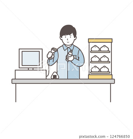 Illustration of a male convenience store clerk working at the cash register 124766850