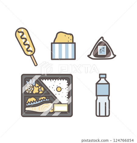 Convenience store and supermarket products: bento, rice balls, drinks, chicken, frankfurters 124766854