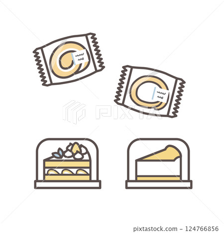 便利商店和超市產品：糖果、蛋糕捲、鬆餅、起司蛋糕 124766856