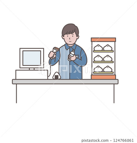 便利商店男店員在收銀台工作的插圖 124766861