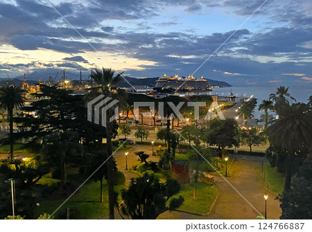 Cruise ship sails into port at dawn in La Spezia, Italy. Vacation and tourism. Vacation and travel by sea.  124766887