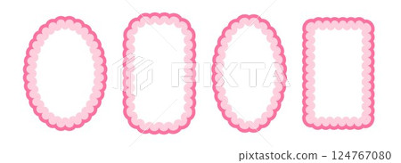 Cute frill pattern frame set. Pink scalloped ellipse and rectangle border collection. Soft wavy lace edge shape in rococo style for decoration, poster, banner. Girly coquette element pack. Vector 124767080