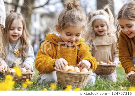 Happy white smiling little girls are considering Easter eggs in baskets. Spring Easter egg hunt. 124767316