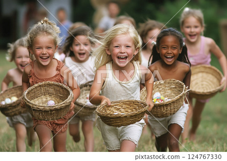 Happy girls running with baskets of Easter eggs. Dynamic, shot of Easter egg hunt with children. Happy girls running with baskets of Easter eggs. Dynamic, shot of Easter egg hunt with children. 124767330