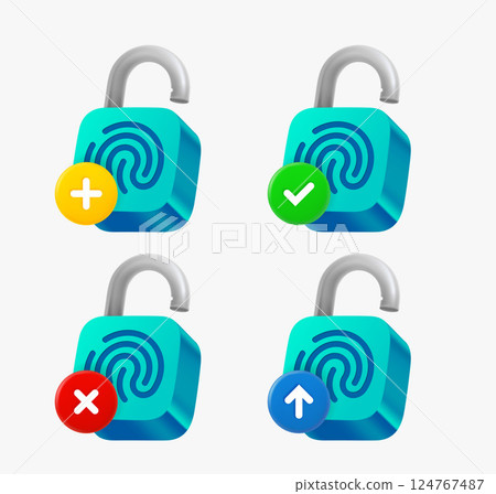 Lock with fingerprint icon set with different pictograms. 3d vector icons collection Lock with fingerprint icon set with different pictograms. 3d vector icons collection 124767487